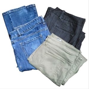 3 pair of womens jeans. Raw distressed blue denim, indigo, and khaki. All sz 14